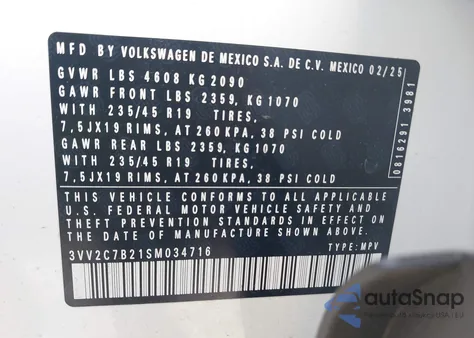 2025 Volkswagen Taos 1.5T Se Black из США, поврежденный, VIN 3VV2C7B21SM034716